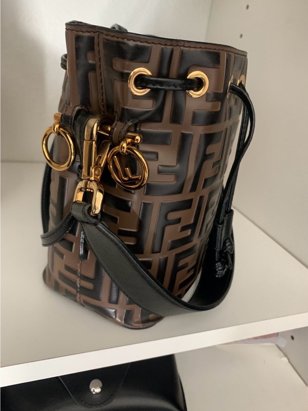 Fendi Brown & Black FF Logo Bucket Crossbody - Picture 2 of 4